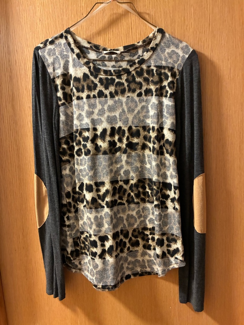 Leopard Print Long Sleeve Top with Contrast Elbow Patches - Gray/Tan